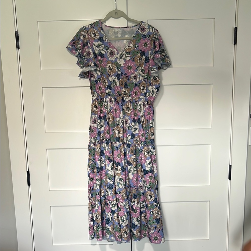 Purple and Pink Flutter Sleeve V-Neck Midi Sundress